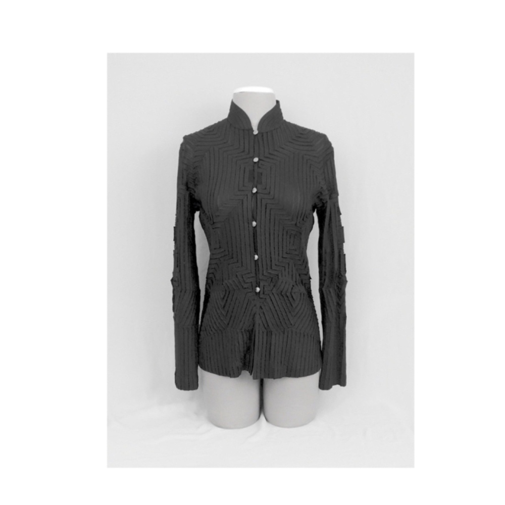 HONG NI Black Mesh-Ribbon Soutache Applique Shirt